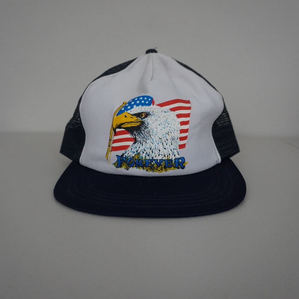 Vintage 80s Universal Ind. Inc. Trucker Hat M/L Navy Eagle Forever Graphic